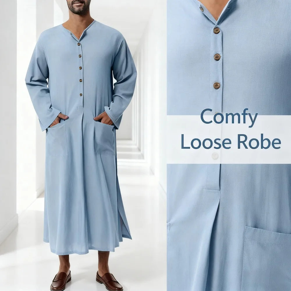 Dubai Style Loose Stand Collar Long Sleeve Thobe Traditional Islamic Casual Wear for Daily Use