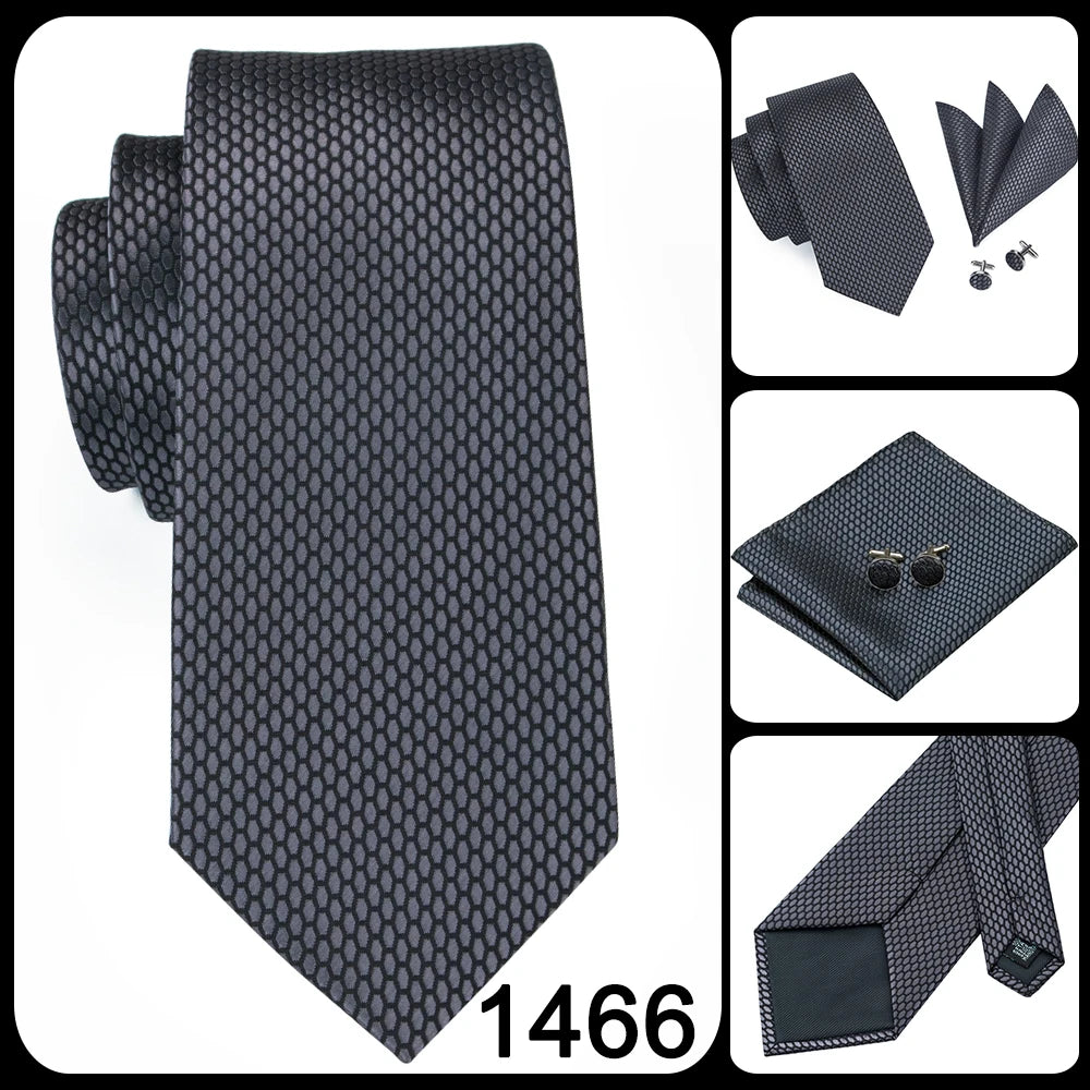 Hi-Tie New Clasic Grey Tie for Men Silk Fabric Jacquard Woven Tie Hanky Cufflinks Set for Men Designer Fashion Silk Ties SN-1466