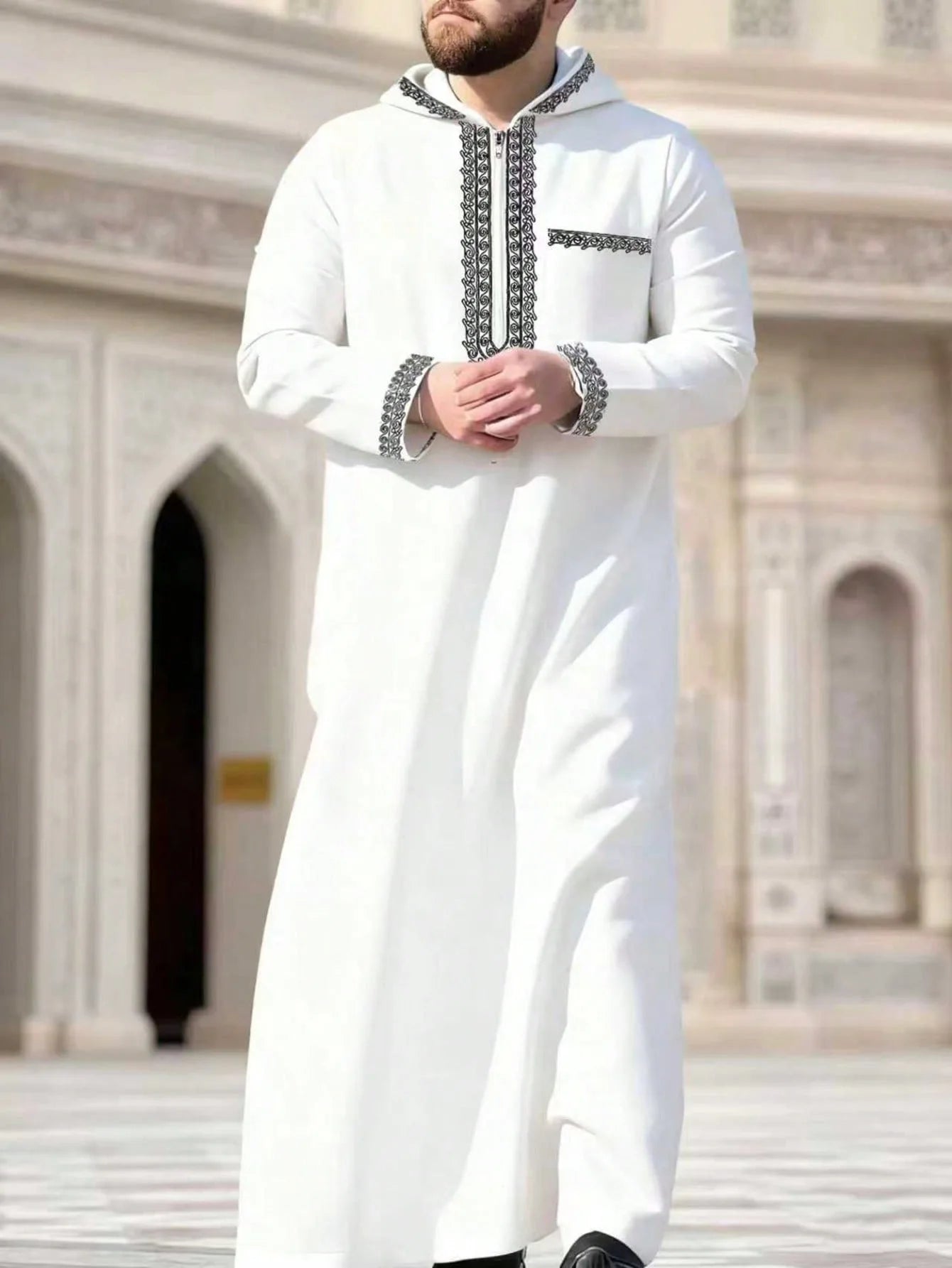 Muslim Men's Robes Hooded Embroidered Robes Arabic Thobe Ethnic Style Traditional Casual Thawb Islamic Prayer Clothes Moroccan