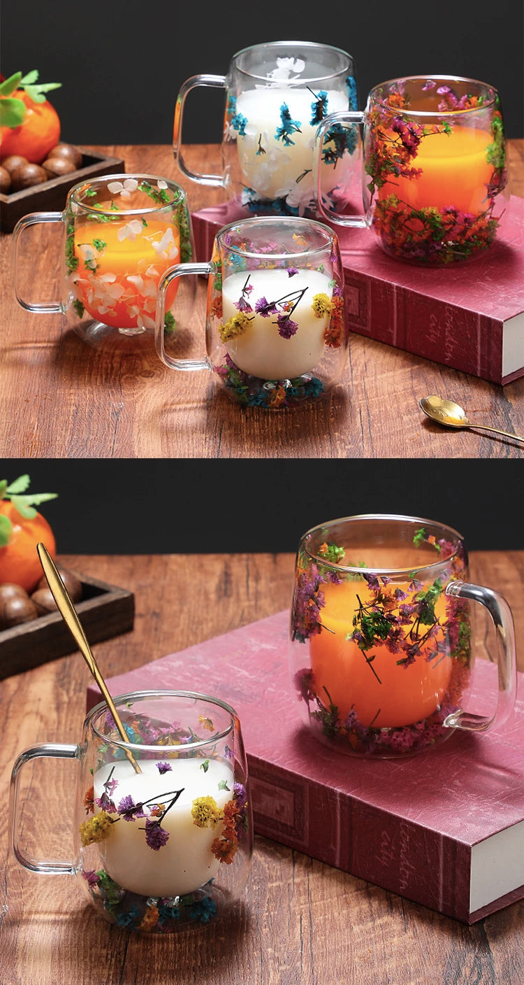 Dried Flower Coffee Mug Double Wall Glass Cup Home Party Cups Cafe Tea Milk Juice Cups For Mother Gift Girls Christmas Gifts