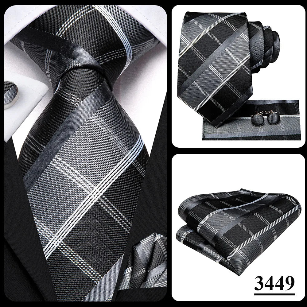 Hi-Tie Plaid Silk Tie For Men Elegant Mens Blue Grey Necktie Pocket Square Cufflink Groom Wedding Accessory Wholesale Designer