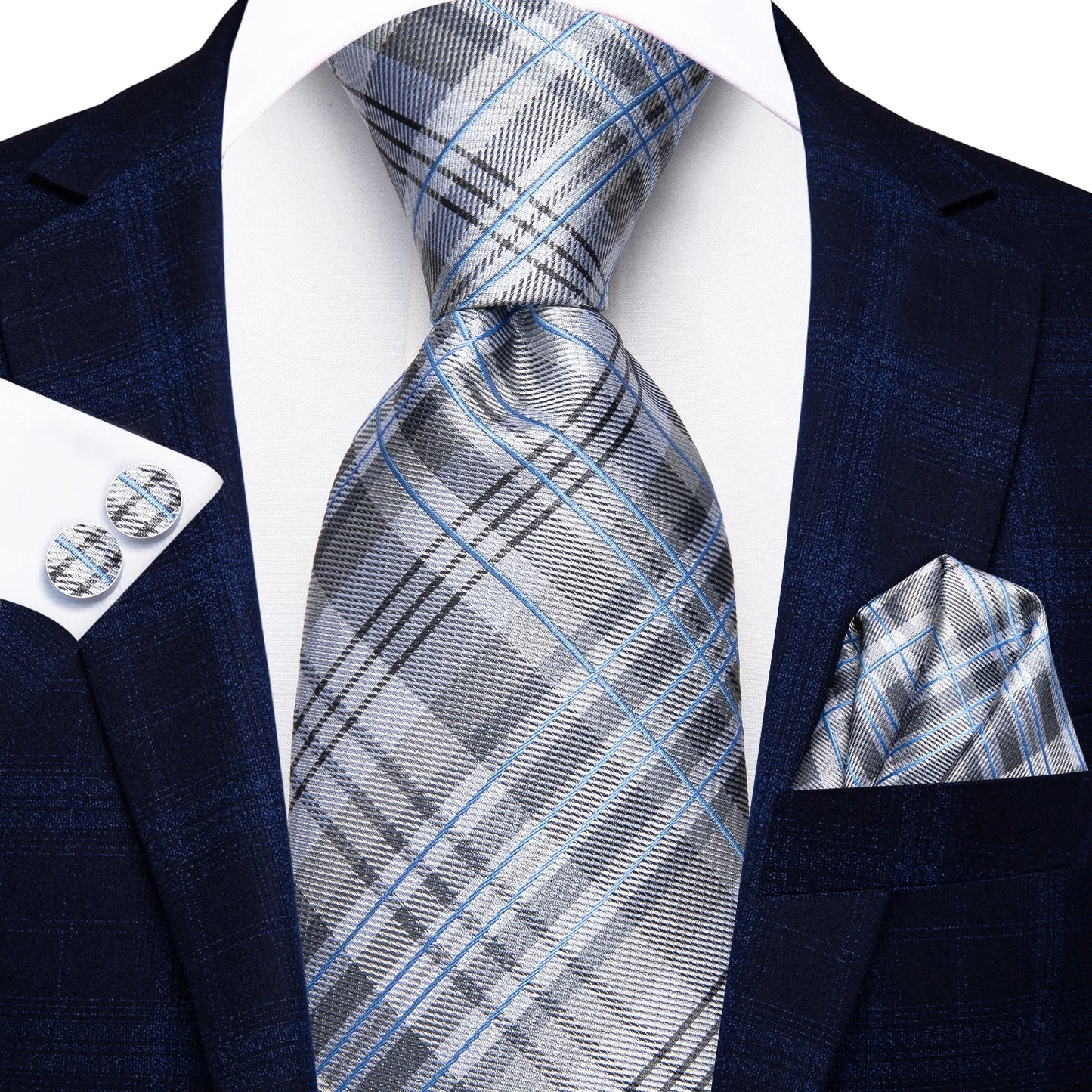 Hi-Tie Fashion 8.5cm Black Plaid Dots Men's Elegant Tie Handkerchief Cufflinks Set Wedding Party Accessories Gift for Men Gravat