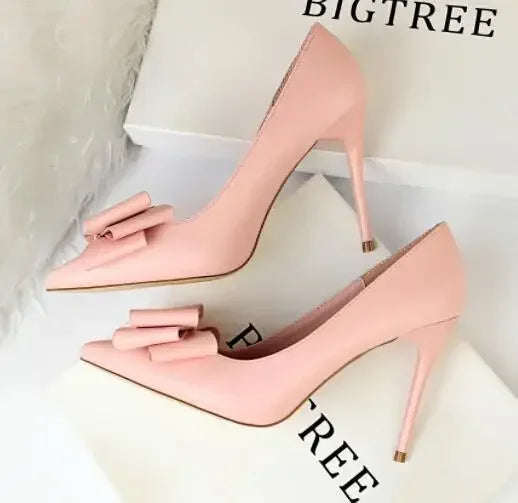 2025 Fashion Delicate Sweet Bowknot High Heel Shoes Side Hollow Pointed Women Pumps Pointed Toe 10.5CM thin Dress Shoes