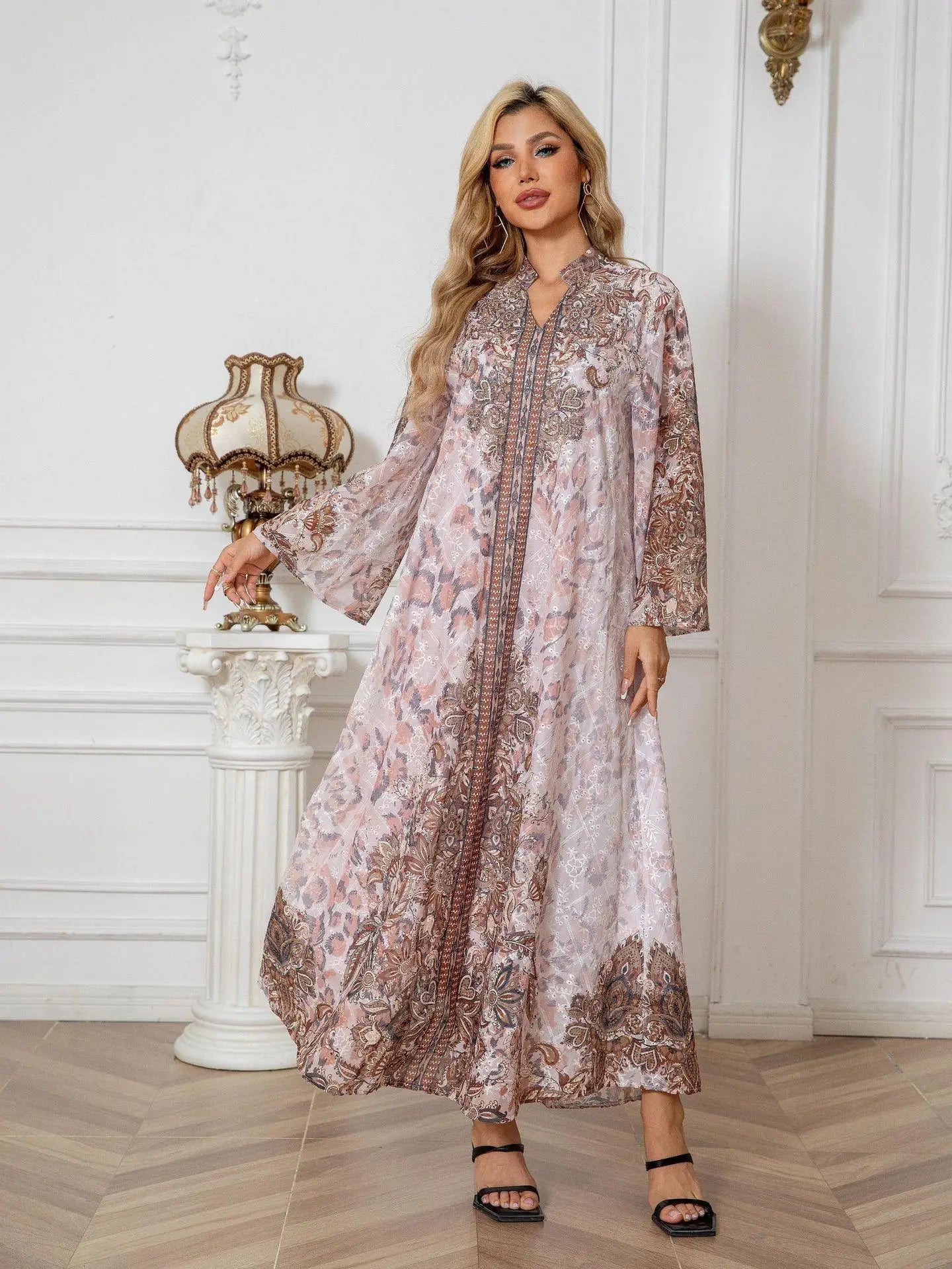 Embroidered Rhinestone Abaya Long Sleeve Modest Maxi Abaya Middle East Muslim Traditional Abaya Floral Glam Ramadan Kaftan