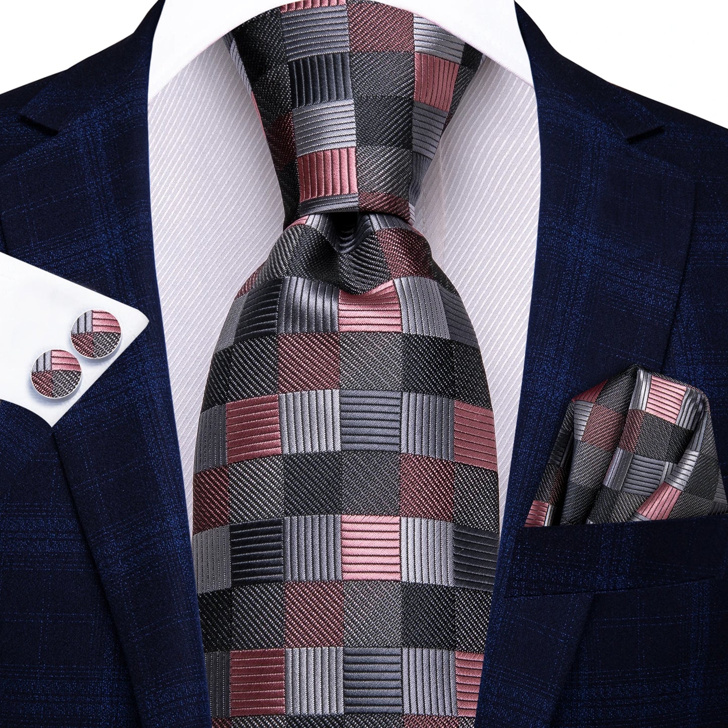 Hi-Tie Fashion 8.5cm Black Plaid Dots Men's Elegant Tie Handkerchief Cufflinks Set Wedding Party Accessories Gift for Men Gravat