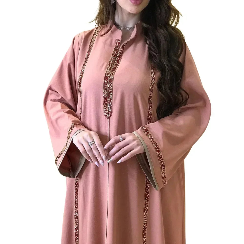 Ramadan Abaya Femme Musulmane Moroccan Kaftan for Woman Fashion Solid Diamonds Full Sleeve Loose Turkish Dubai Robe