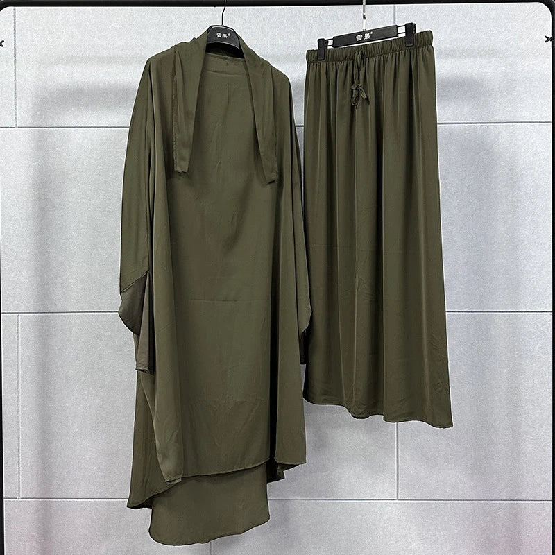 2PCS Women Eid Hooded Muslim Hijab Dress Set Prayer Garment Robes Abaya Khimar Full Cover Ramadan Gown Abayas Islamic Clothing