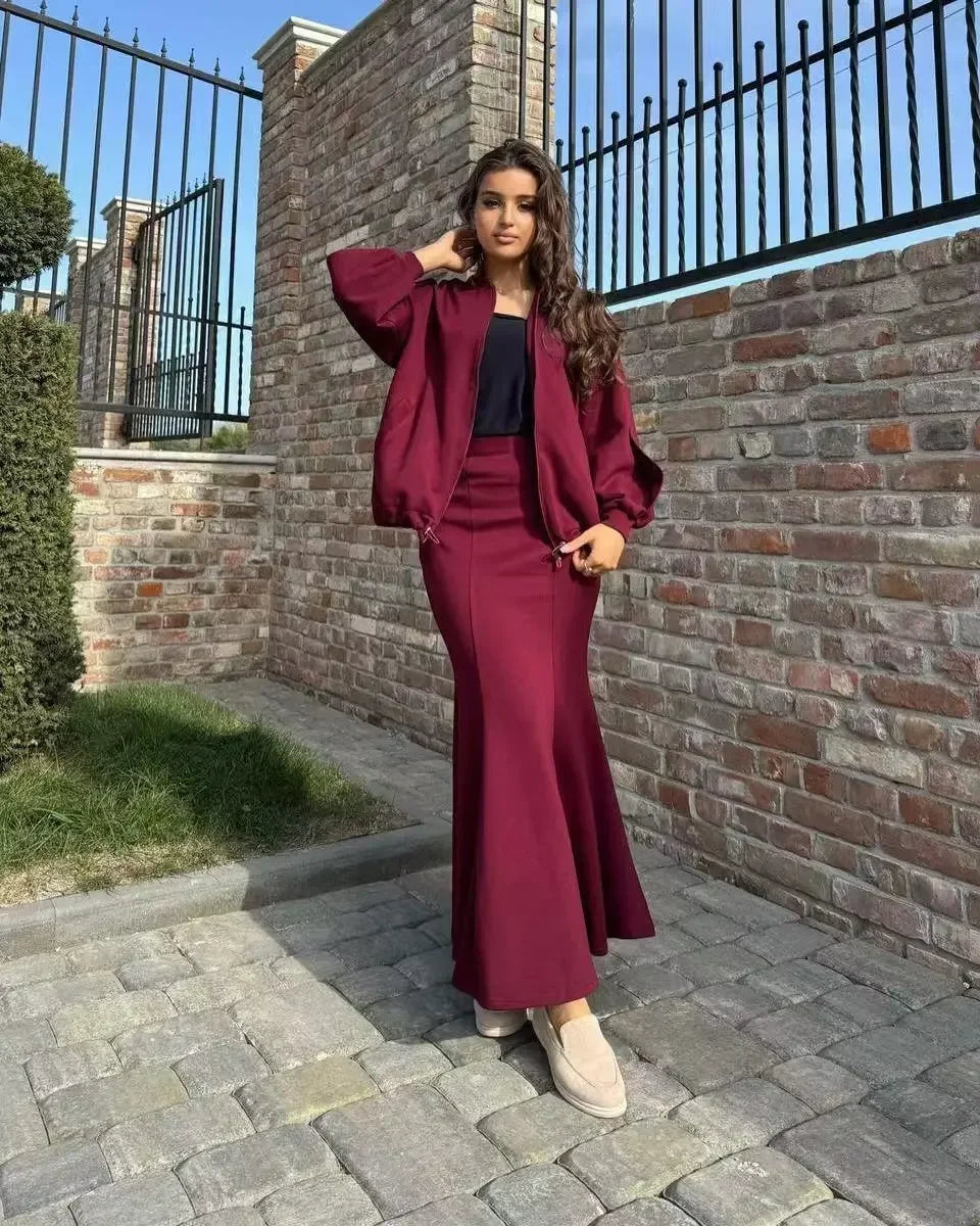 Women 2 Piece Set Coat Long Skirt Suit Zipper Jacket Morocco Dubai Islam Casual Ensemble Muslim Femme 2025 Skirts Outfits