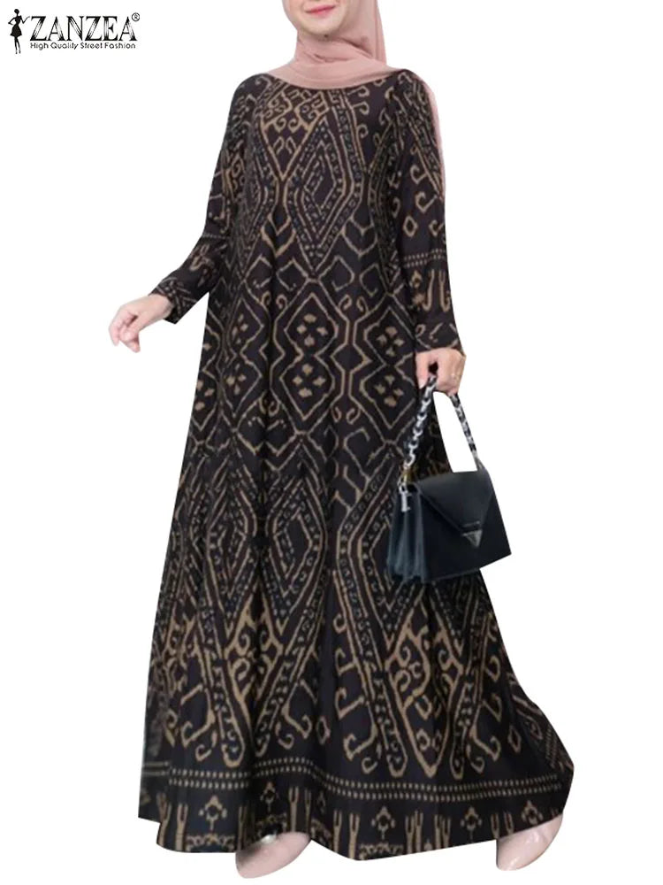 ZANZEA Elegant Maxi Dress Fashion Turkey Muslim Abaya Robe Femme Vintage Long Sleeve Kaftan Printed Vestidos IsIamic Clothing