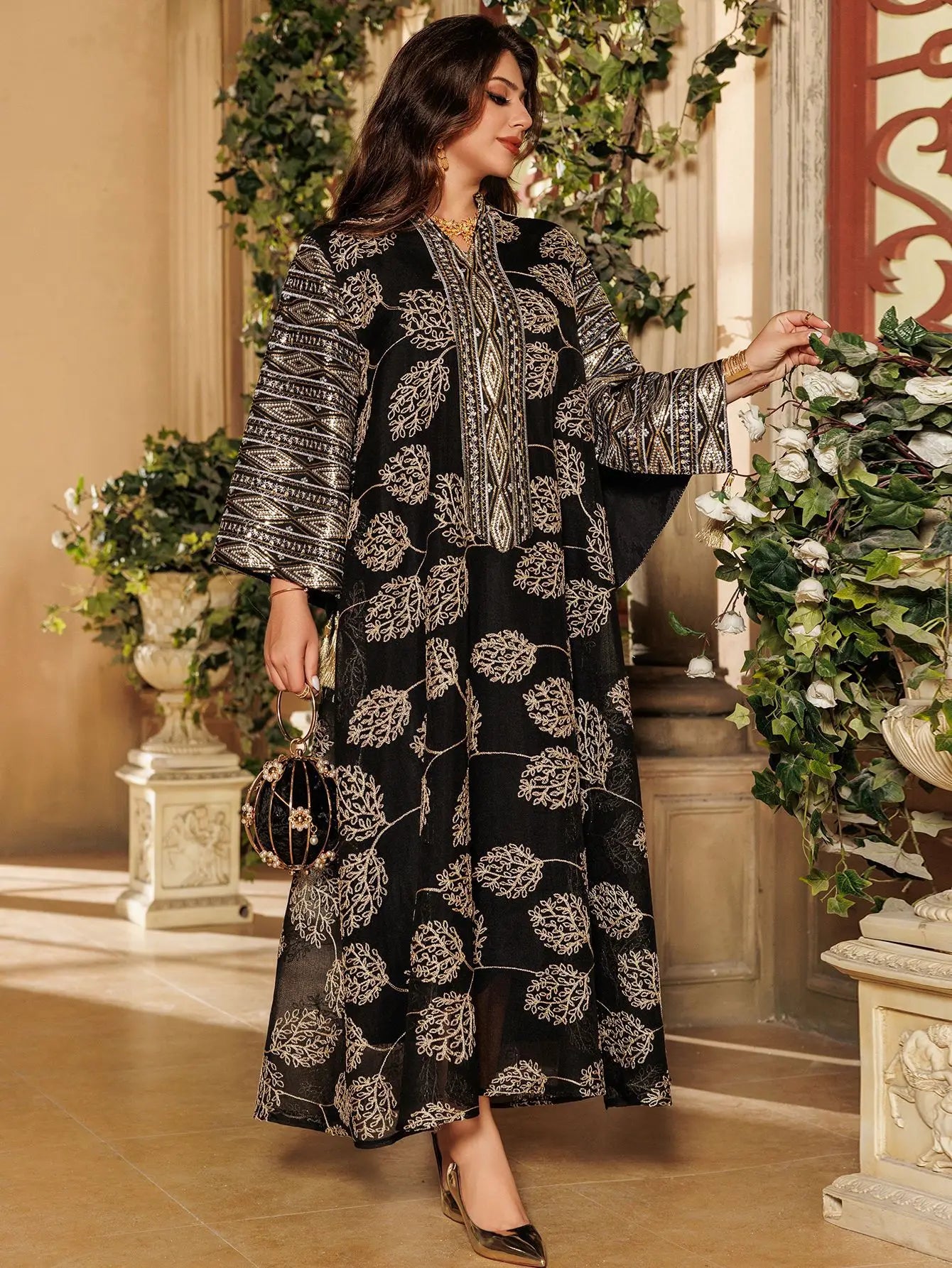 Muslim Women's Light Blue Islamic Embroidered Abaya with Gold Detailing Ideal for Formal Events in Middle East like UAE Saudi
