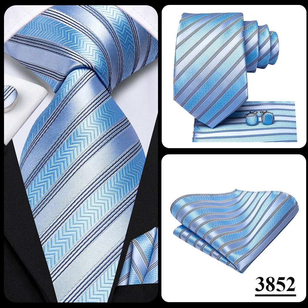 Hi-Tie Men Fashion Striped Navy Blue Necktie Handkerchief Cufflinks for Tuxedo Accessory Classic Silk Luxury Tie for Man Gift