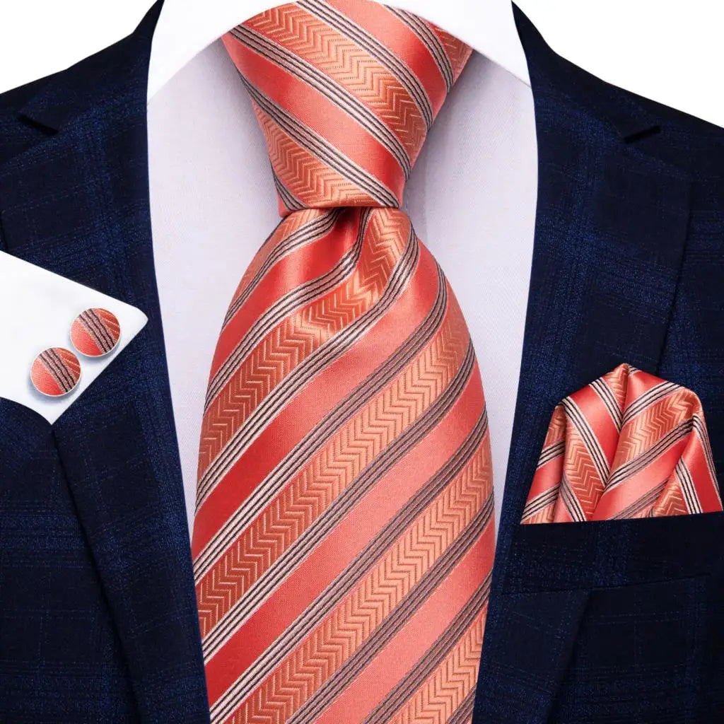 Hi-Tie Men Fashion Striped Navy Blue Necktie Handkerchief Cufflinks for Tuxedo Accessory Classic Silk Luxury Tie for Man Gift