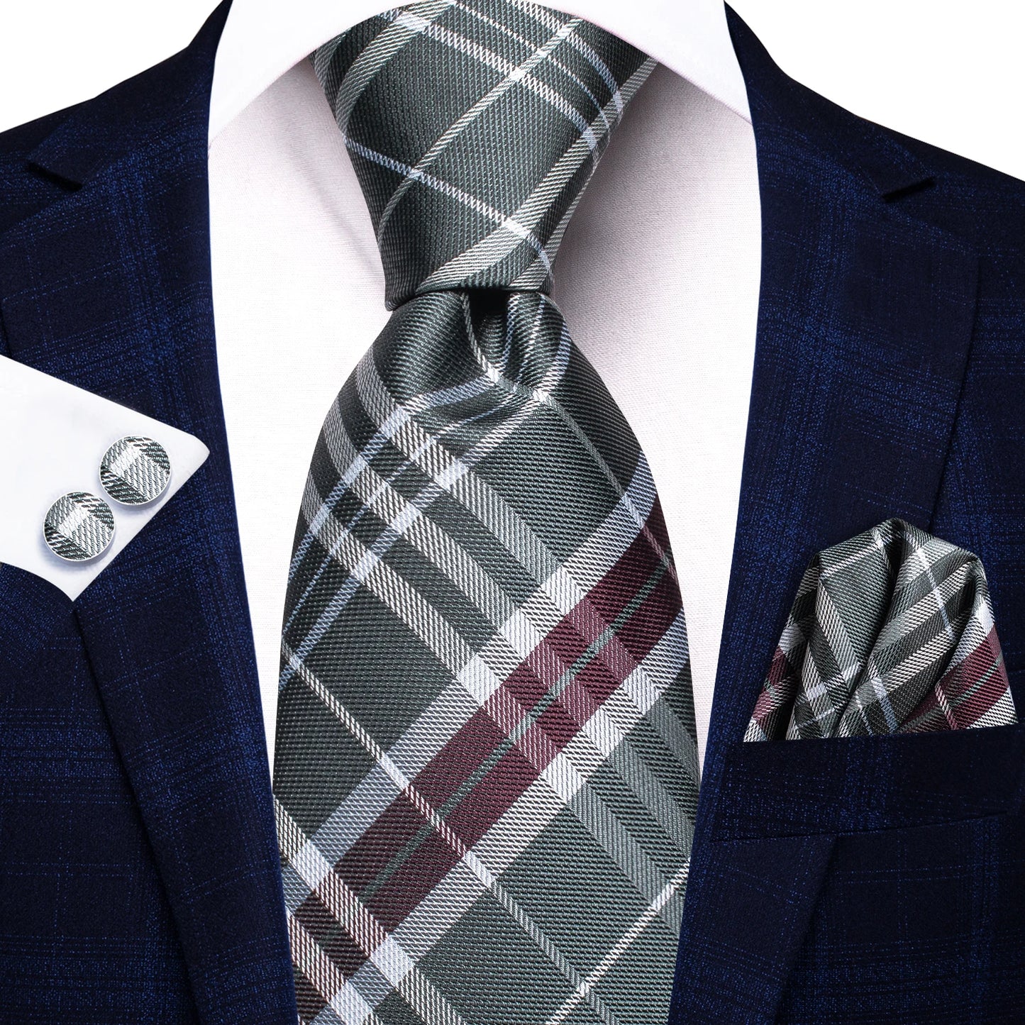 Hi-Tie Fashion 8.5cm Black Plaid Dots Men's Elegant Tie Handkerchief Cufflinks Set Wedding Party Accessories Gift for Men Gravat