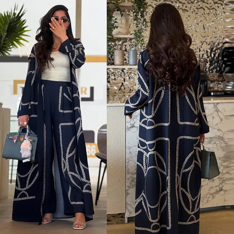 2 Piece Muslim Sets Women 2026 Eid Casual Abaya Print Long Caot+Pants Suits Kimono Ramadan 2pcs Set Jilbab Kebaya Islam Clothing