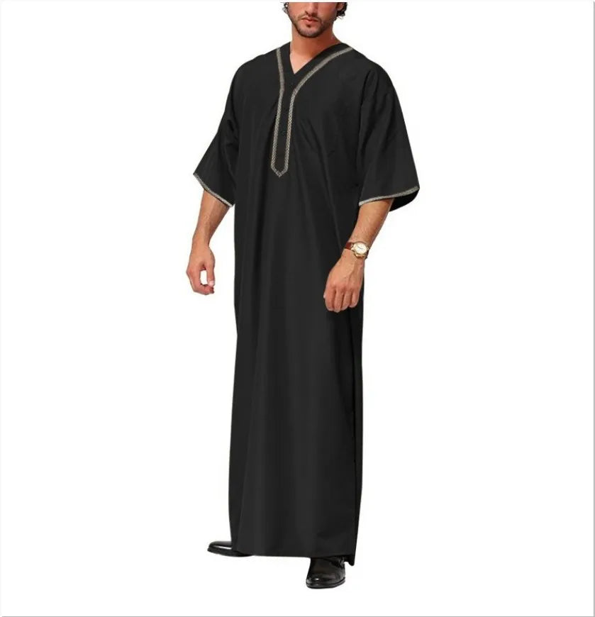 2026 New Men's Muslim Thobe Long Sleeve Button Down Shirt Arabic Islamic Robe Loose Fit Casual Prayer Wear for Ramadan Eid