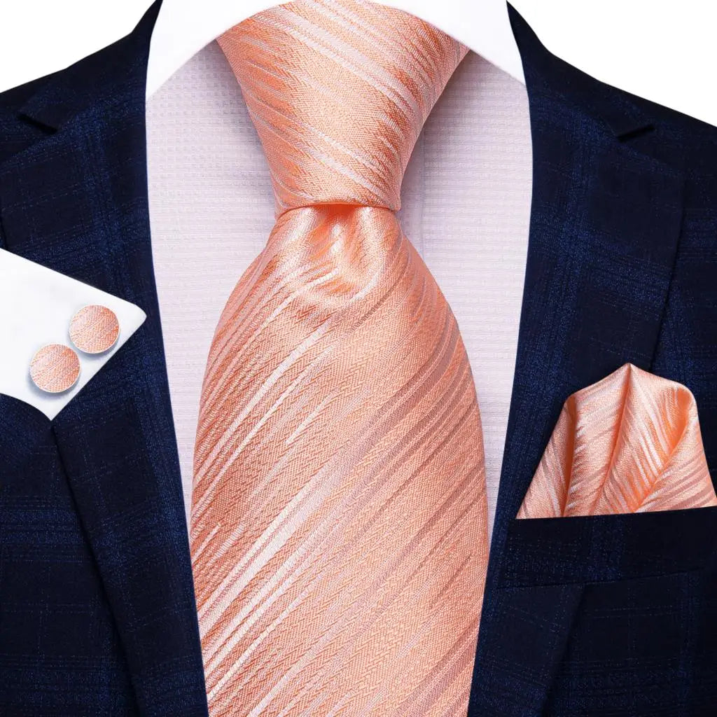 Hi-Tie Men Fashion Striped Navy Blue Necktie Handkerchief Cufflinks for Tuxedo Accessory Classic Silk Luxury Tie for Man Gift