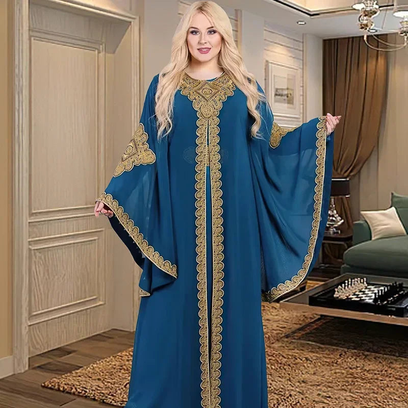 Women Abaya Party Dresses Muslim Caftan 2 Piece Set Eid Flare Sleeves Robe Embroidered Gold Lace Dress Suit Jalabiya Ramadan