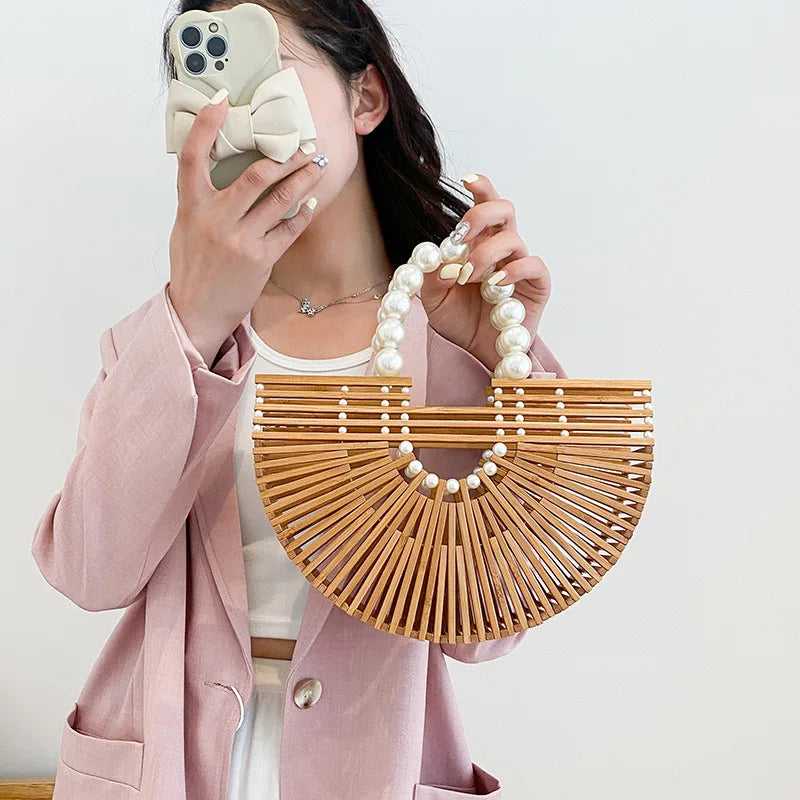 Handmade Fashion Bamboo Handbag Pearl Handle Design Elegant Women Hollow Out Beach Bag Vacation Women Straw Bag Female Bags