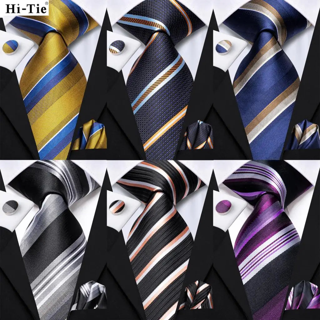 Hi-Tie Men Fashion Striped Navy Blue Necktie Handkerchief Cufflinks for Tuxedo Accessory Classic Silk Luxury Tie for Man Gift