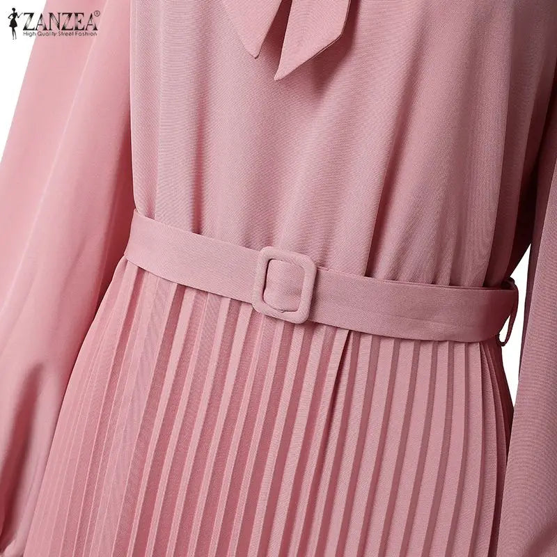 Elegant Muslim Dress Abaya ZANZEA Women 2025 Autumn Dresses Long Lantern Sleeve Pleated Sundress Belted Robe Femme Party Vestido