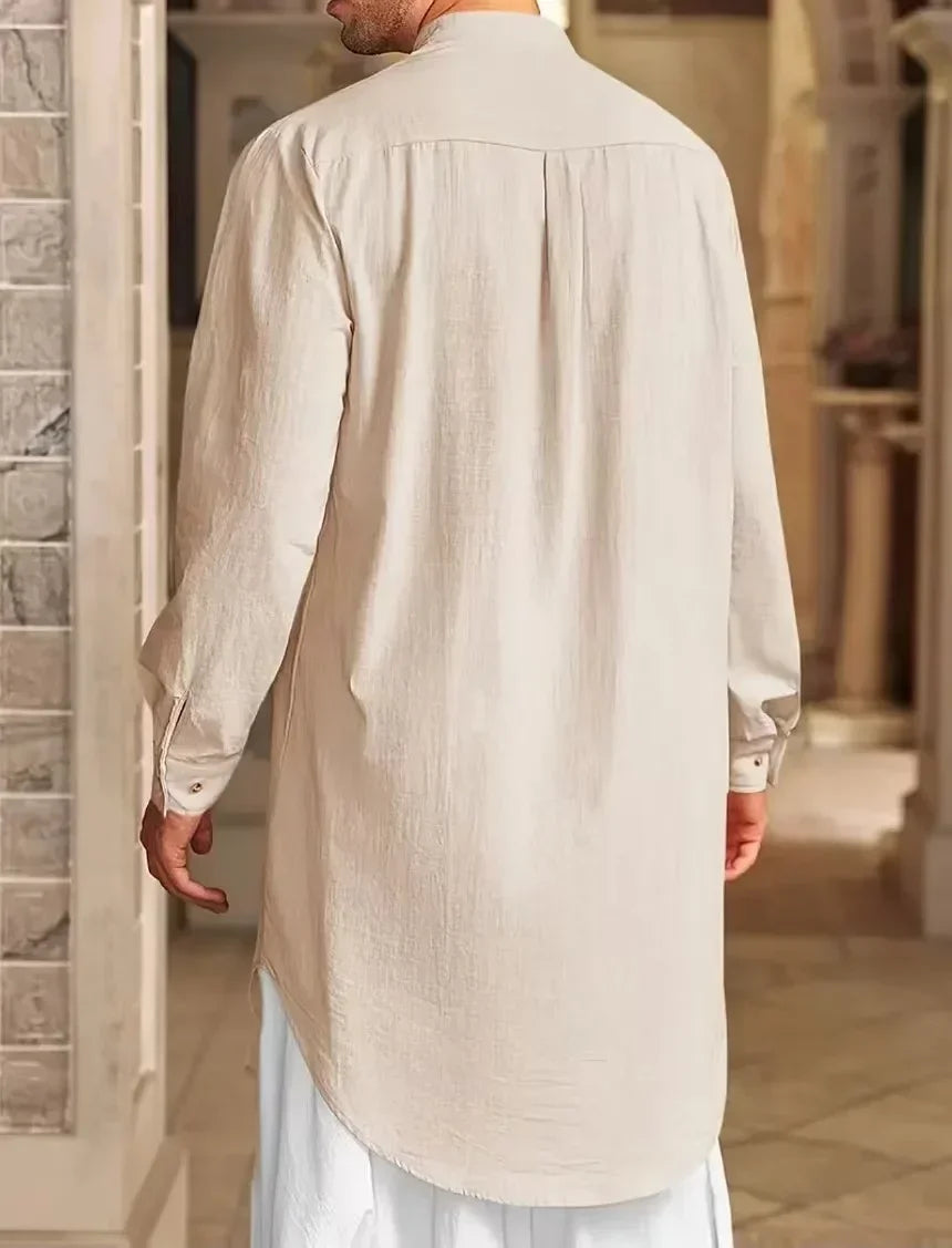 2025 New Muslim Middle East Arab Malaysia Men's Button Cotton Line Shirt Muslim Robe