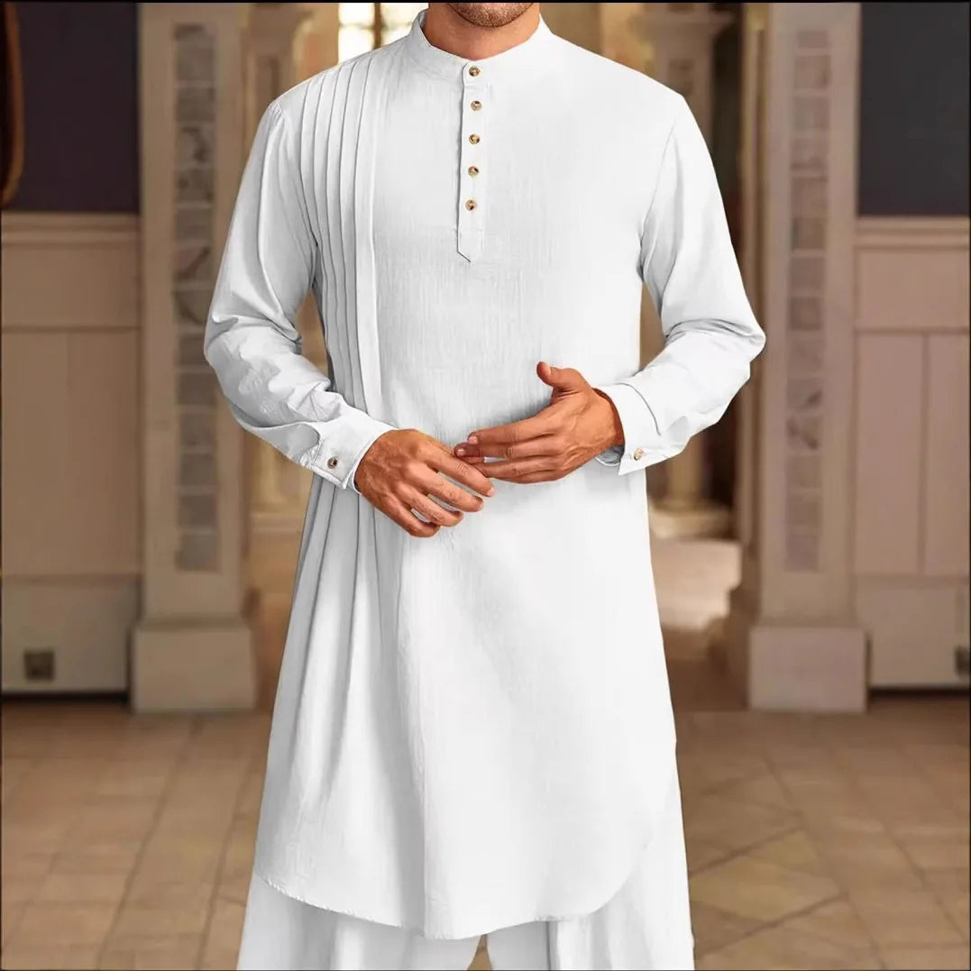 2025 New Muslim Middle East Arab Malaysia Men's Button Cotton Line Shirt Muslim Robe