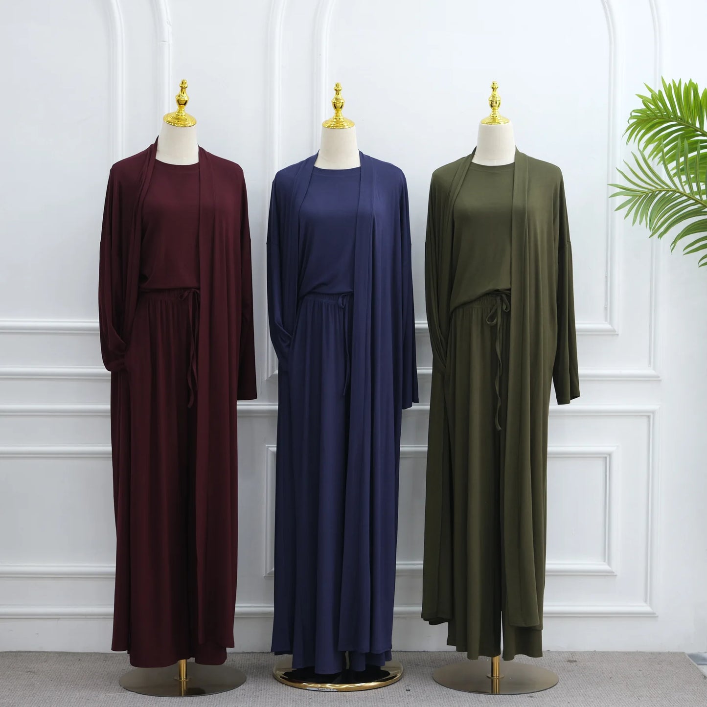 Muslim 3 Piece Set Women Cardigan Shirt Wide Leg Pant Blouse Top Suit Musulman Ensemble Dubai Casual Femme Outfits Solid Casual