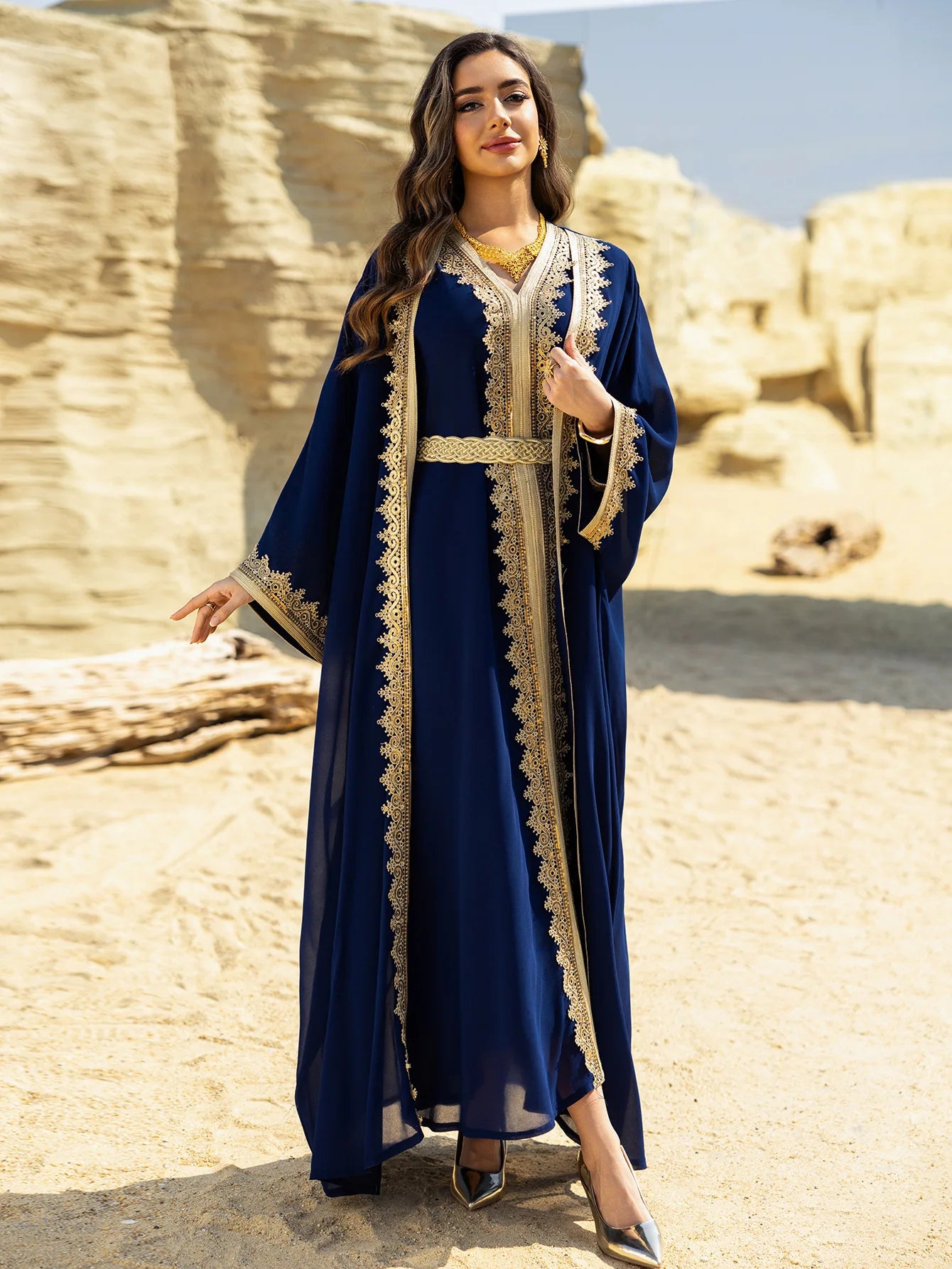 Eid Women Abaya Dress Muslim 2 Piece Set Cardigan with Inner Dress Lace-up Robe Caftan Robe Jalabiya Ramadan Morocco Kaftan 2025