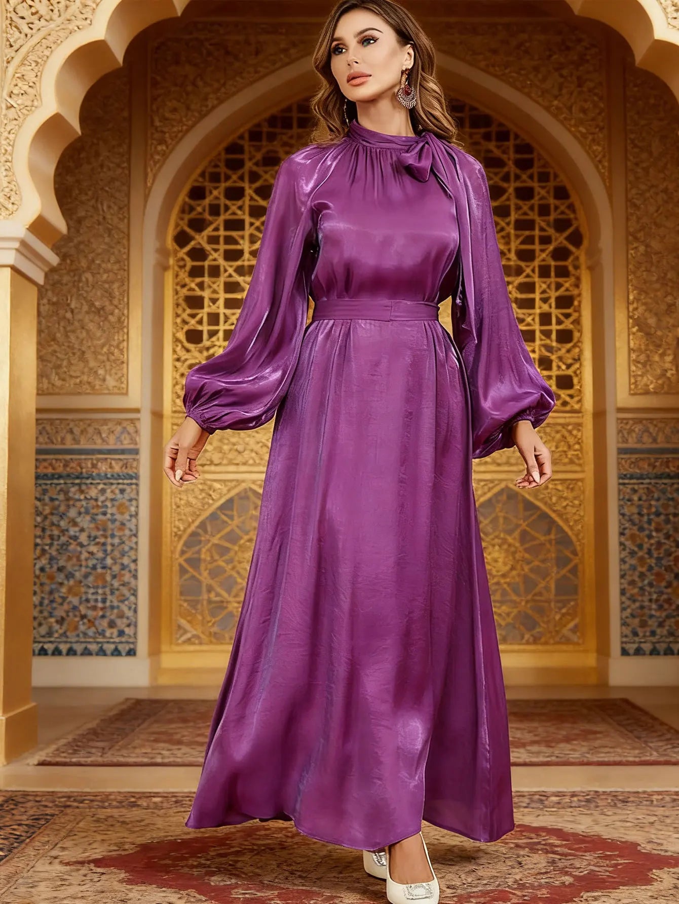 Elegant Tie Neck Abaya Belted Lantern Sleeve Maxi Dress Women Muslim Moroccan Kaftan Ramadan Jalabiya Islam Dubai Arabic Robes