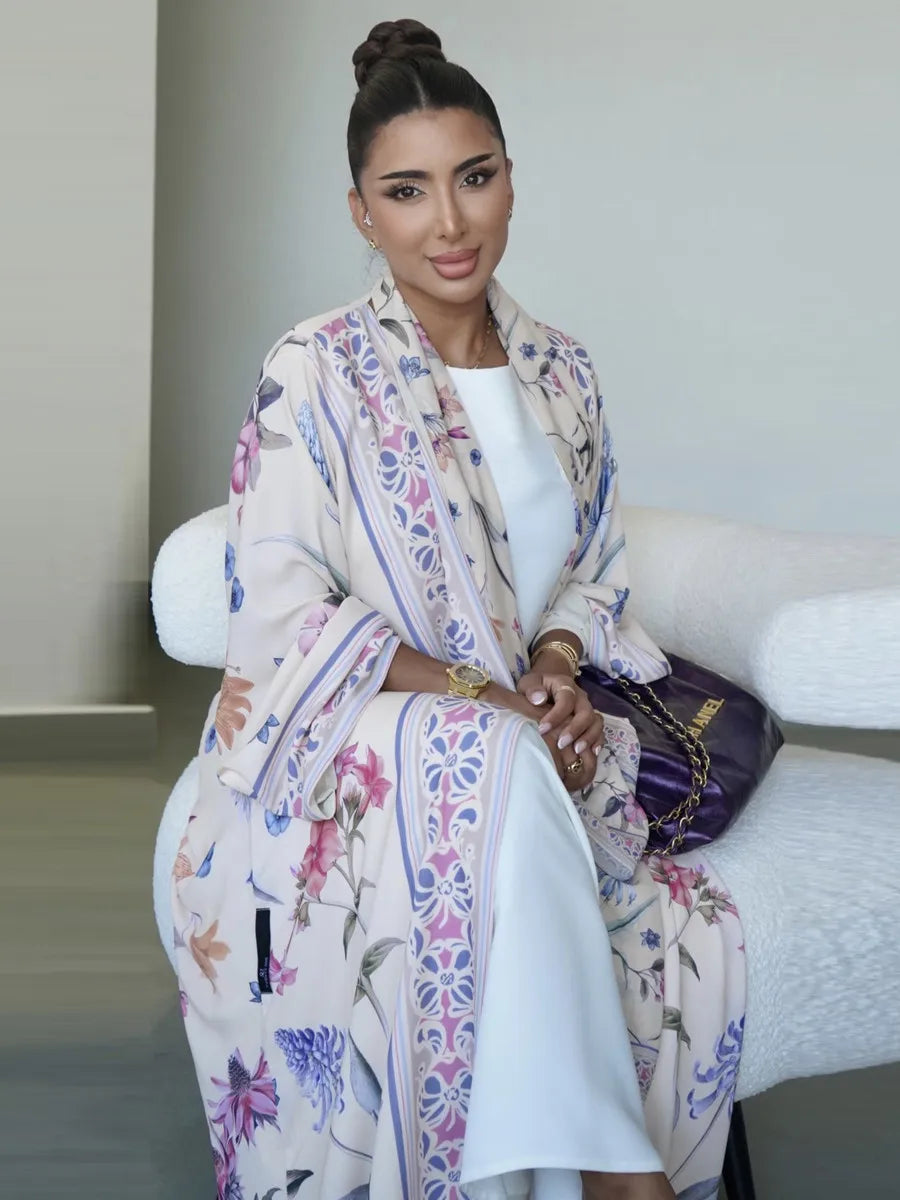 Muslim Women Dubai Abaya Luxury Floral Print Kimono Cardigan Hijab Long Dress Kaftan Ramadan Robe Femme Islam Clothing Kebaya