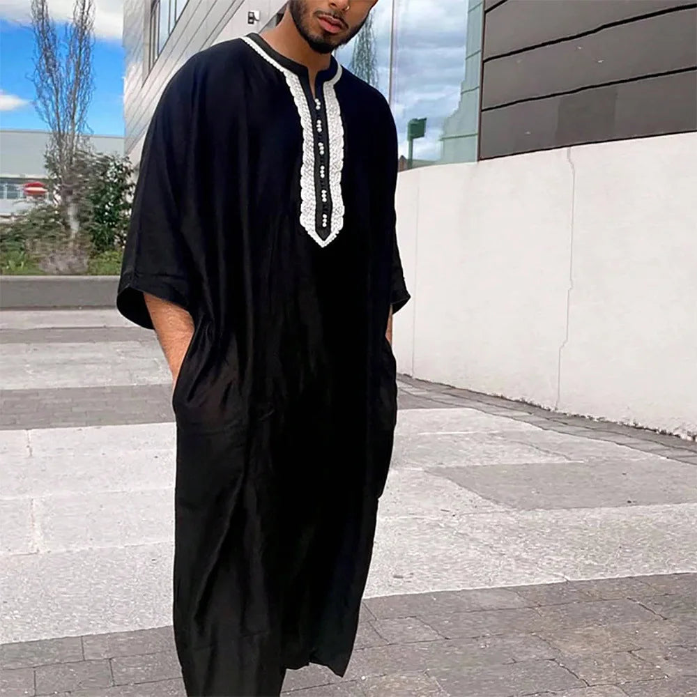 Men's Long Embroidered Casual Islamic Shirt Loose Muslim Prayer Suit Suitable for Young People's Daily Cultural Clothing Robe