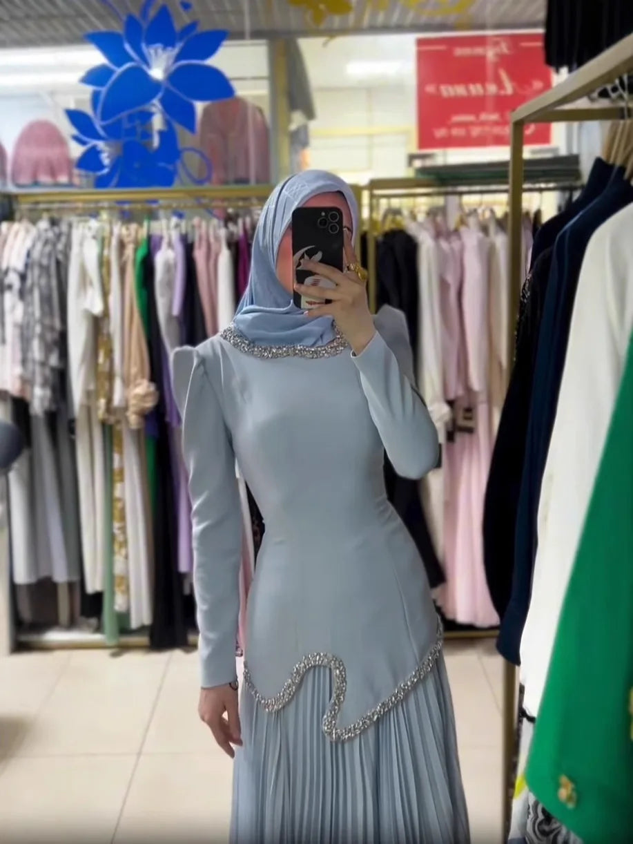 Abaya Pleated Dress Women Dubai Dresses Sequins Lace Up Islam Vestidos Long Robe Jalabiya Morocco Kaftan Eid Muslim Ramadan