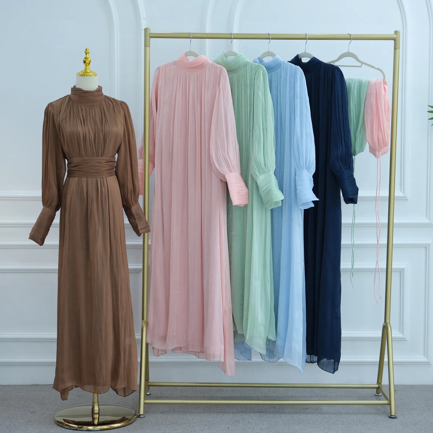 Eid Abaya Modest Muslim Dresses for Women Cuff Sleeves Wrinkle Evening Party Maxi Dress Jalabiya Islamic Clothing Kaftan Robe