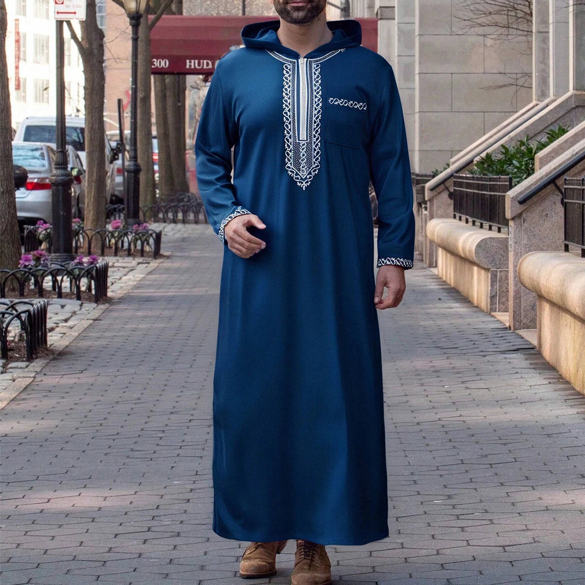 Hooded Moroccan robe Luxury men's embroidered sleeve long pocket Muslim garment Abaya Middle East Juba Thobe robe