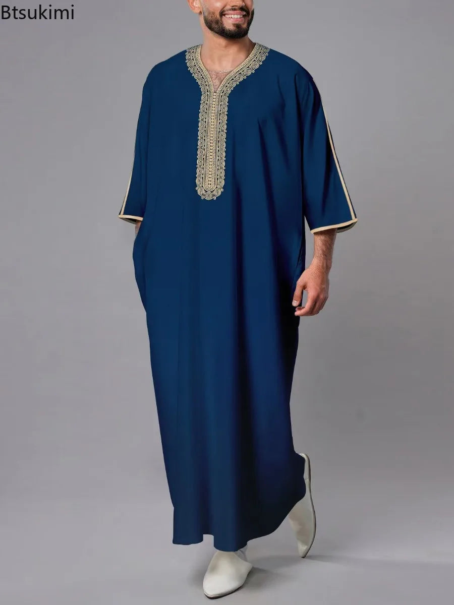 Ethnic Style Kandouras Thobe for Men Jabador Gandoura Side Pockets Embroidery Abaya Long Sleeve Muslim Kaftan Vintage White Robe