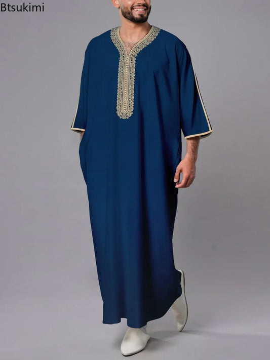 Ethnic Style Kandouras Thobe for Men Jabador Gandoura Side Pockets Embroidery Abaya Long Sleeve Muslim Kaftan Vintage White Robe