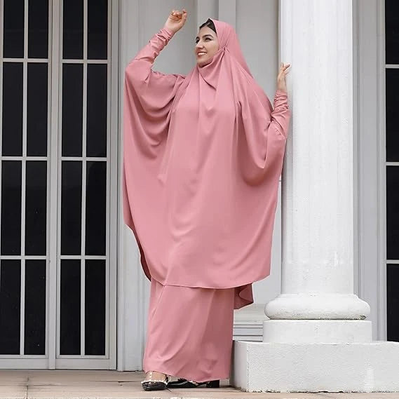 2PCS Women Eid Hooded Muslim Hijab Dress Set Prayer Garment Robes Abaya Khimar Full Cover Ramadan Gown Abayas Islamic Clothing