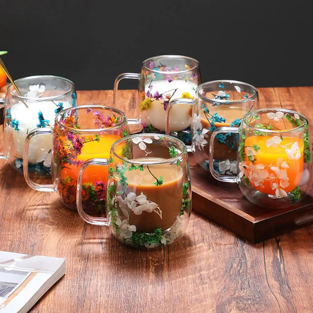 Coffee Mug Double Wall Dried Flower Cup for Coffee Glass Beverage Glasses Tea Mug for Tea Cappuccino Cold Drink flower glass