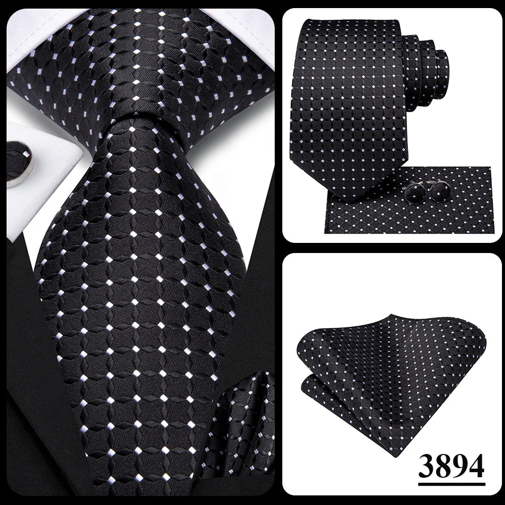 Hi-Tie Fashion 8.5cm Black Plaid Dots Men's Elegant Tie Handkerchief Cufflinks Set Wedding Party Accessories Gift for Men Gravat