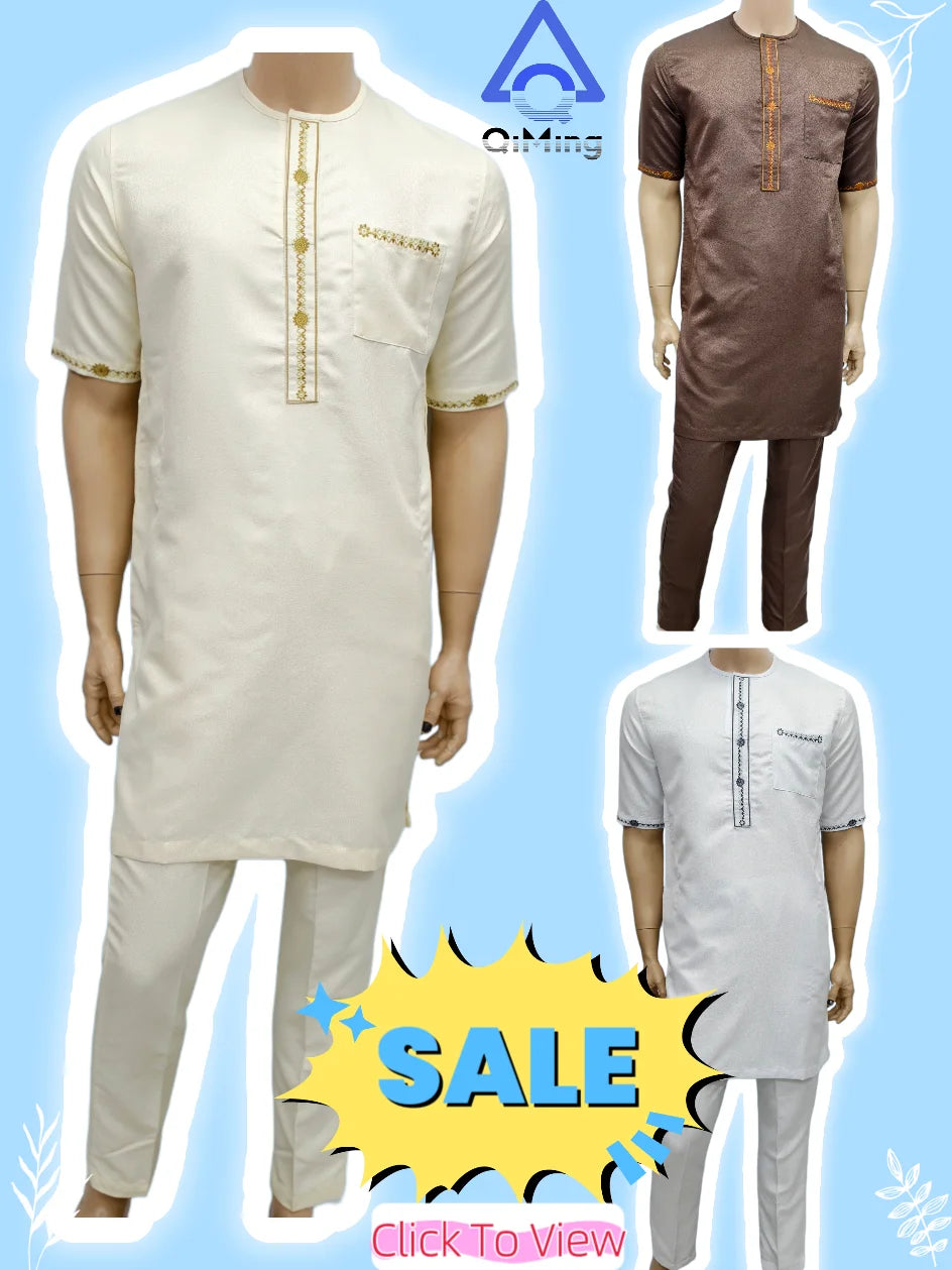 African Muslim Islamic Men's Modern Fashion Prayer Eid Robe Long Sleeve Round Neck Embroidered Arabian Jubba Thobe Clothing