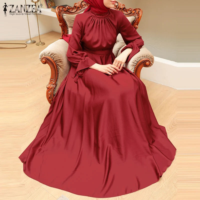 Elegant Muslim Dress Abaya Women Long Dress 2025 ZANZEA Long Sleeve Satin Party Sundress Robe Femme Turkey Hijab Vestidos Kaftan