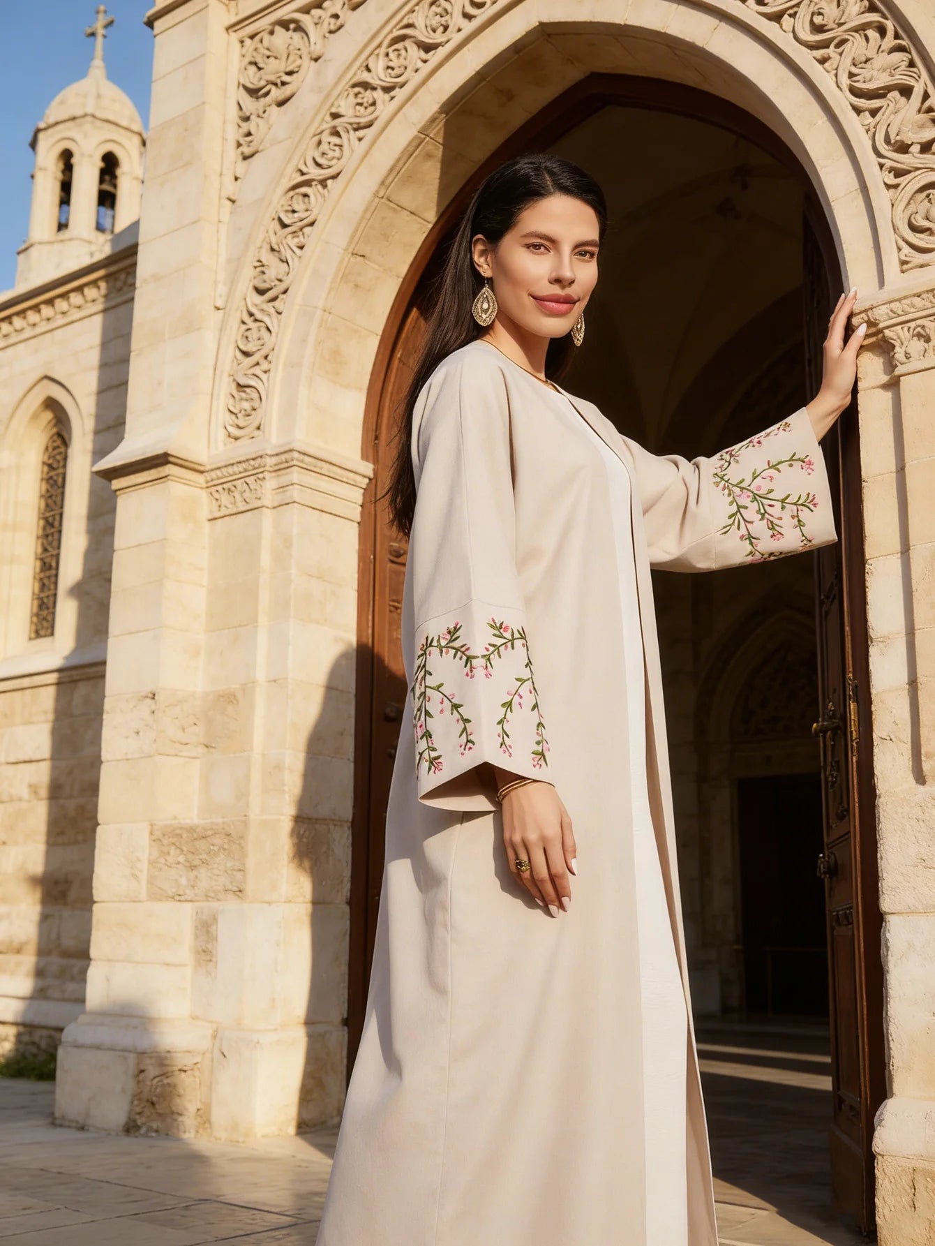 EID Ramadan Floral Embroidery Abaya Modest Clothing Dubai Abaya Turkey Linen Kimono Islamic Clothing