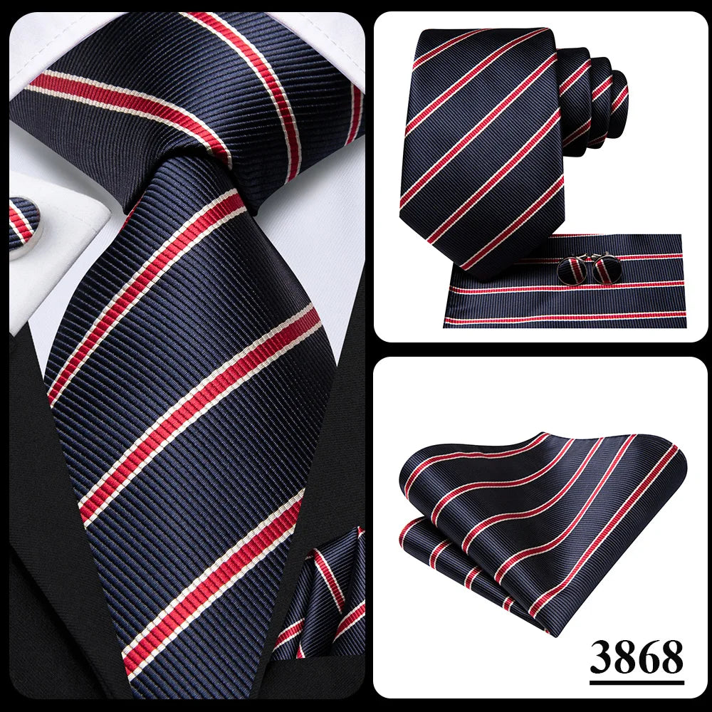 Hi-Tie Men Fashion Striped Navy Blue Necktie Handkerchief Cufflinks for Tuxedo Accessory Classic Silk Luxury Tie for Man Gift