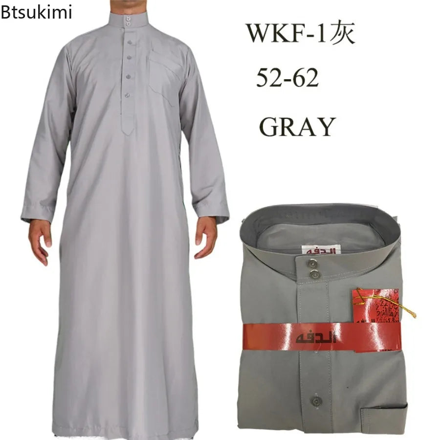 Men's Muslim Robe Islamic Ramadan Juba Kaftan Dishdash Arabian Robe Solid Color Long Sleeve Collar Loose T-shirt Dress Tunic New