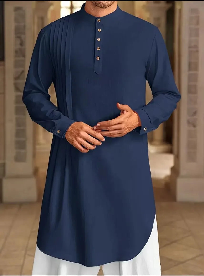 2025 New Muslim Middle East Arab Malaysia Men's Button Cotton Line Shirt Muslim Robe