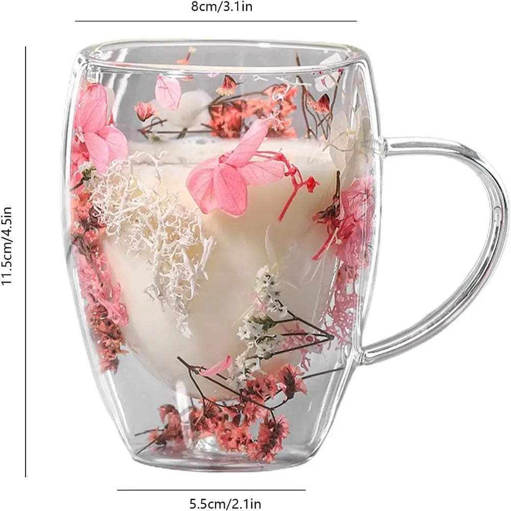 Dried Flowers Double Walled Coffee Mug 350ml Dried Flowers Glass Mugs Unique Creative Flower Mug with Handle Anti-Scalding Mug