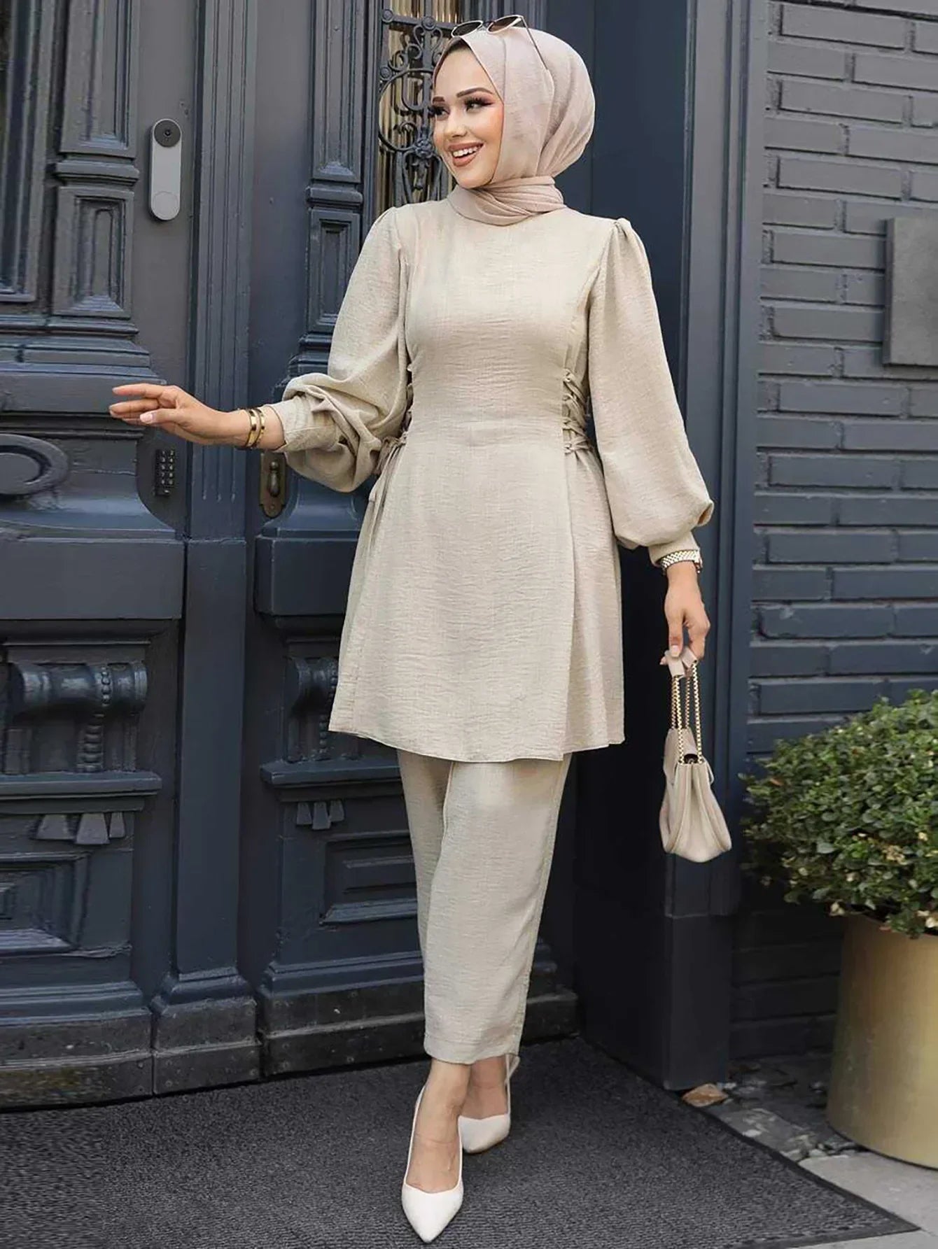 Muslim Women 2 Piece Set Women Lace Up Long Top Shirt Straight Pants Suit Ramadan Morocco Dubai  Ensemble Trousers Arabic Outfit