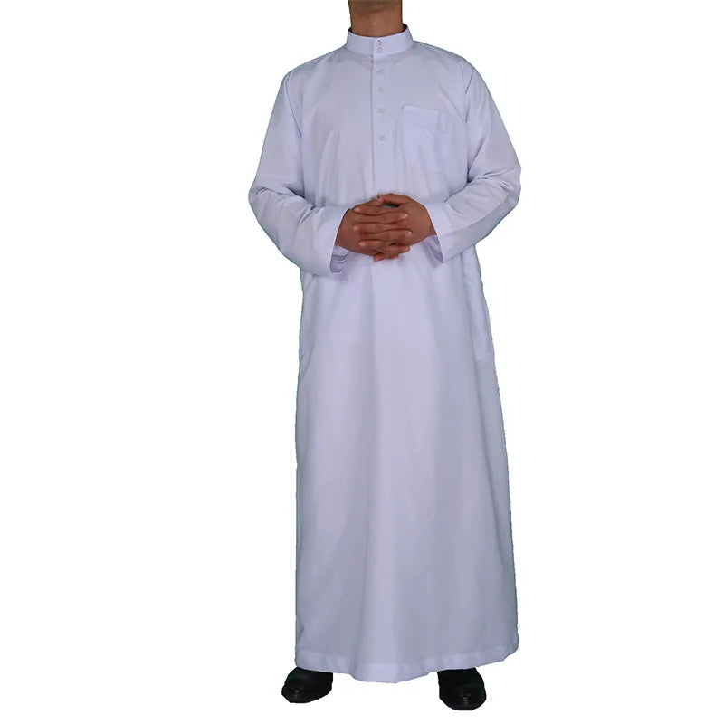 Men's Muslim Robe Islamic Ramadan Juba Kaftan Dishdash Arabian Robe Solid Color Long Sleeve Collar Loose T-shirt Dress Tunic New