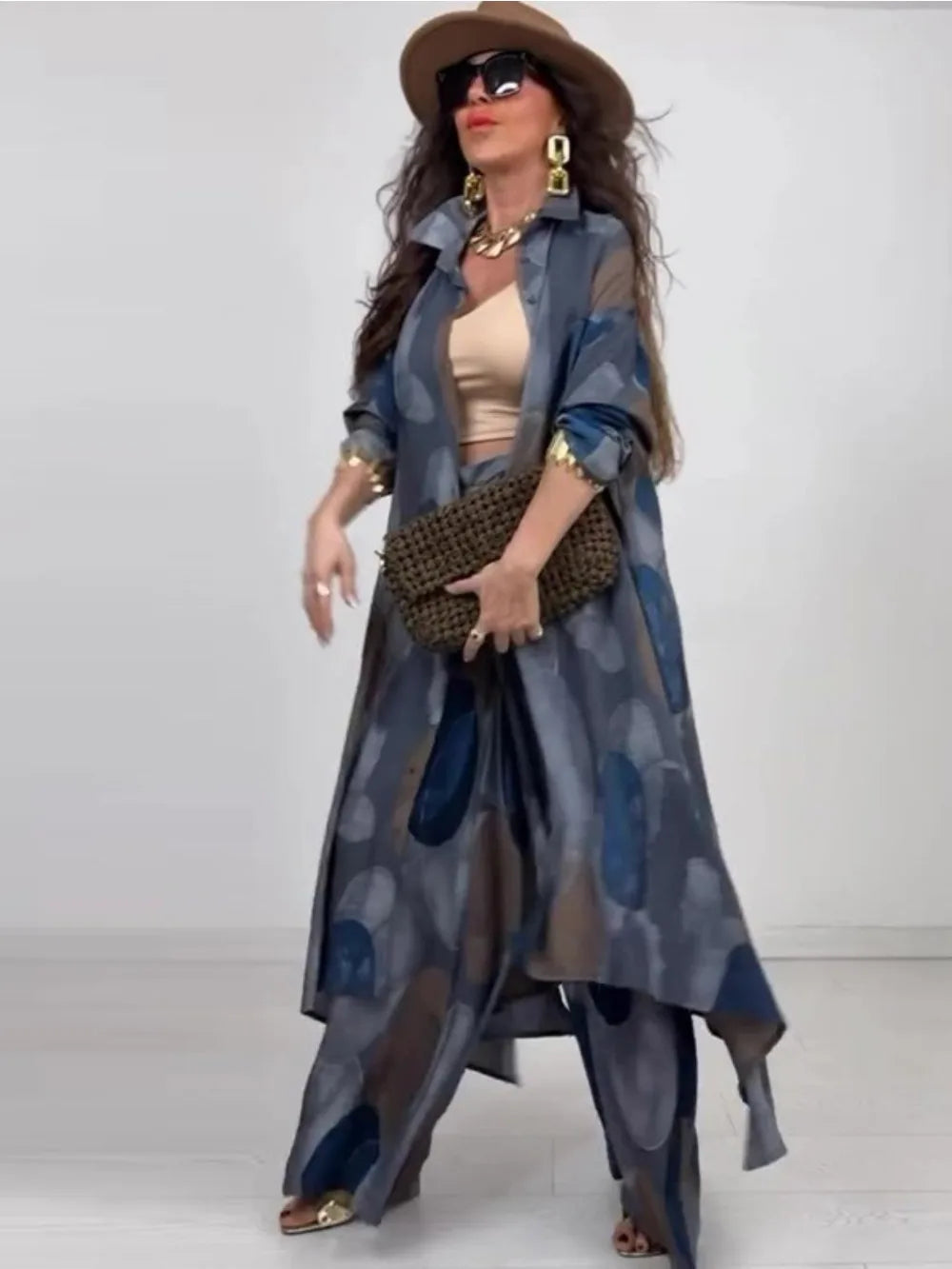 Eid Muslim Suits Women Print Blouses Wide Leg Pants Set Two Piece Musulman Ensemble Dubai Arabic Morocco Islam Casual Ramadan