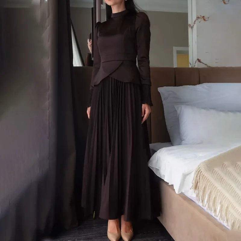 Long Skirt Suit Women Muslim 2 Piece Sets Top Pleated Skirts Modest Outfits Dubai Ramadan Irregular Tops Lace Up Ensemble 2025